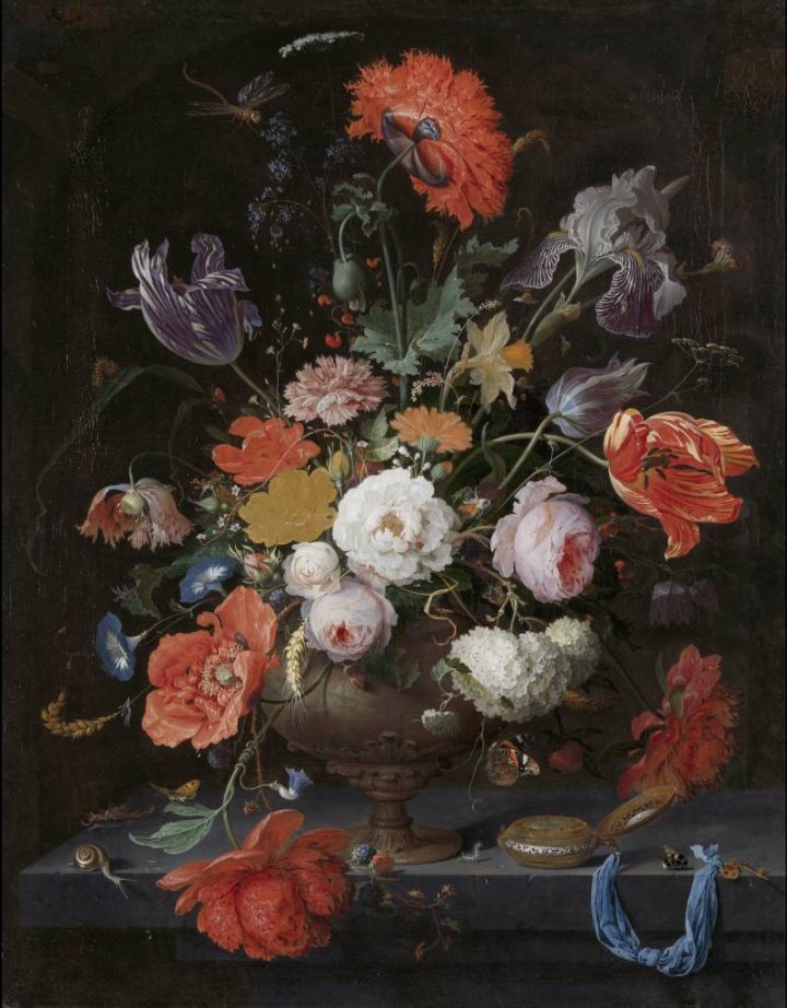 stilleben med blommor och klocka, olja på duk av Abraham Mignon, 1660-1679. Foto: Rijksmuseum