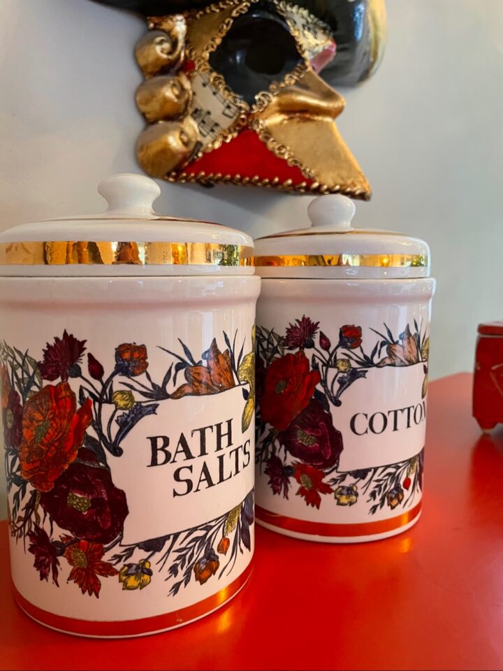 Fornasetti jar with lid, bath salts, cotton